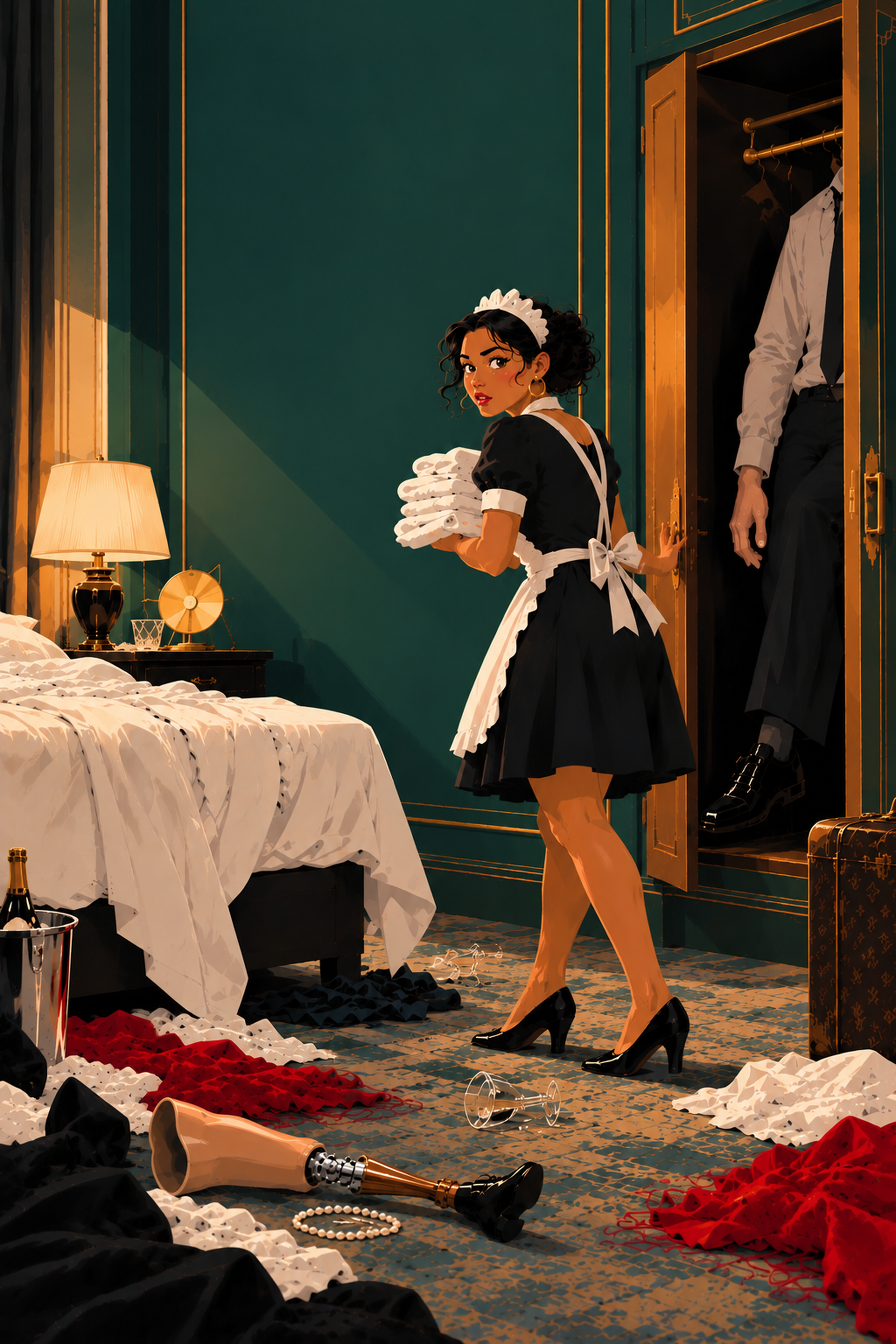 Een kamermeisje met een stapel handdoeken in een hotelkamer met donkergroene muren. Achter haar staat een man in een open kast.